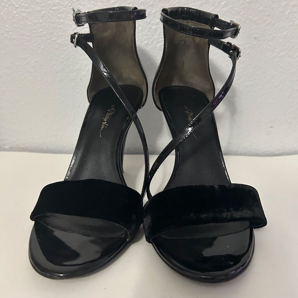 3.1 Phillip Lim Heels Black Patent Leather Velvet Ankle Strap Stiletto Womens 7.